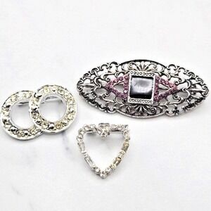 Lot of 3 Rhinestone Brooches Double Circle Heart and Vintage Style